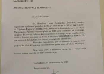 Prefeito de Machadinho renuncia ao cargo