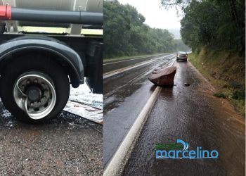 Pedra se solta de barranco e atinge rodado de caminhão na BR-153 em Marcelino Ramos