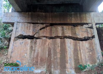 Pilar da ponte de Uruguai, interior de Piratuba, apresenta rachadura significativa